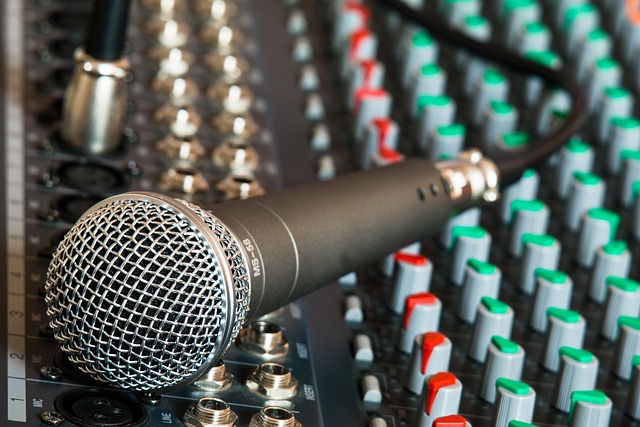 singing lesson in studio with microphone pop filter and music stand