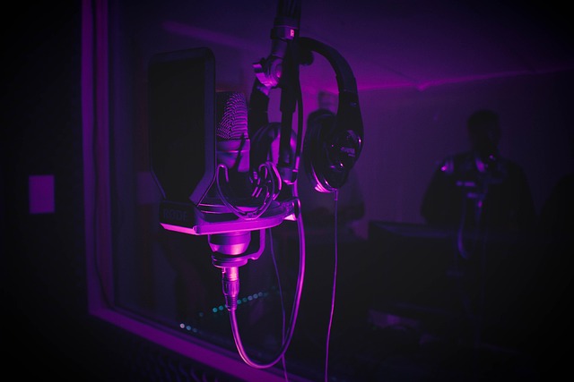 studio waiting area music stand warm neon accent minimal