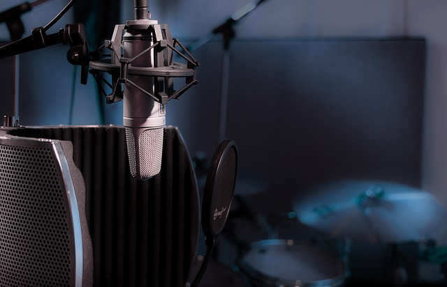 vocal lesson studio setting with microphone and sheet music dark neon accents